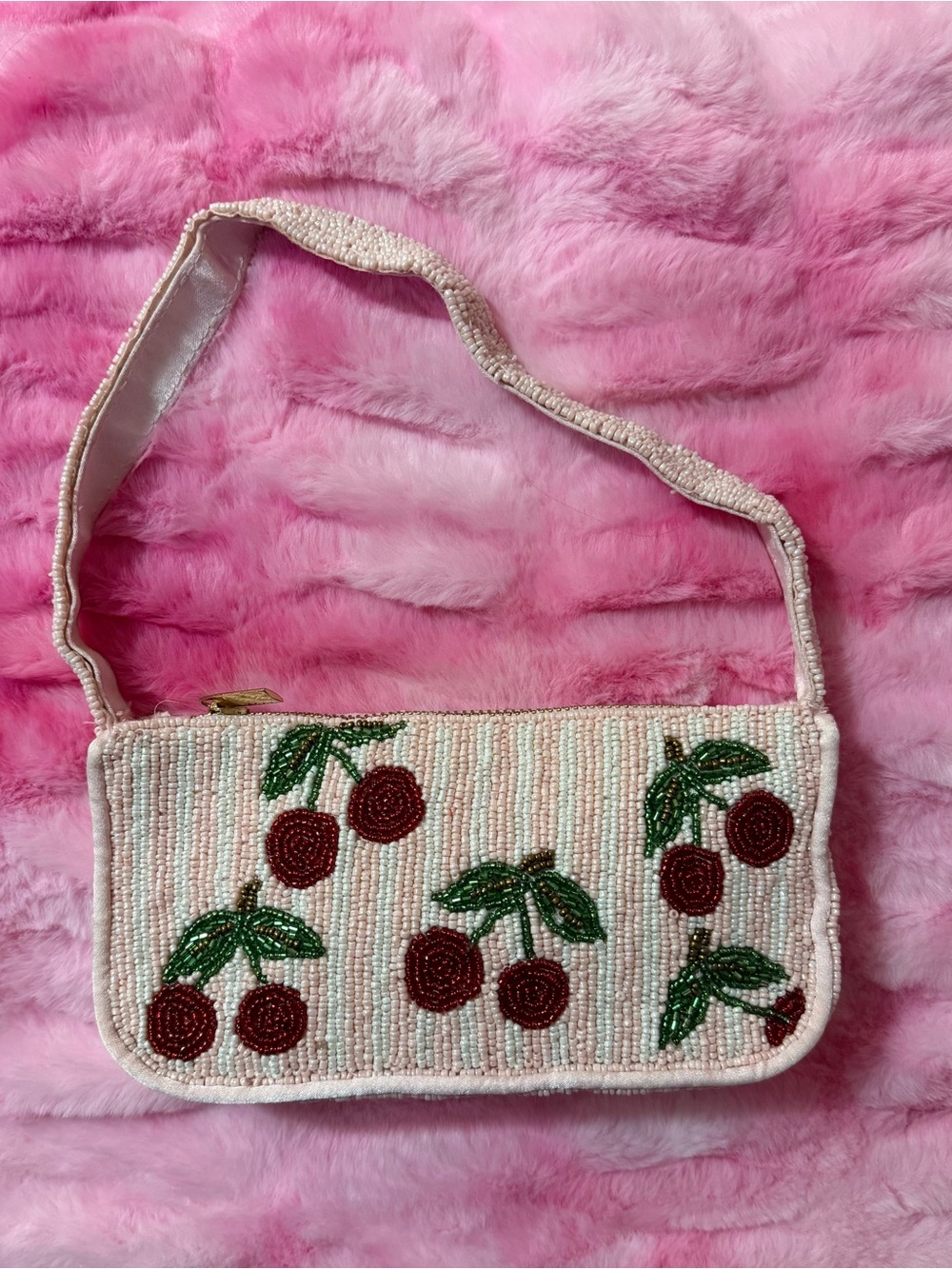 Beaded Cherry Accent Pink Shoulder Bag